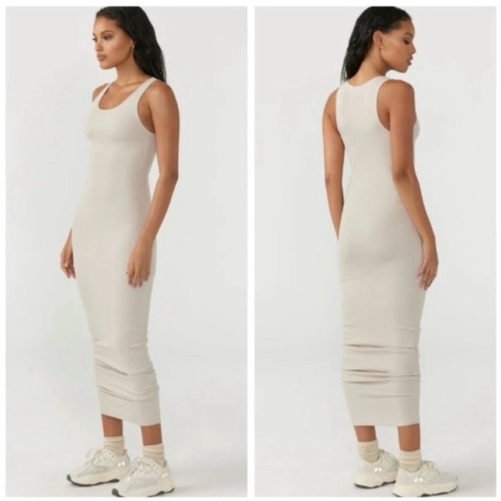 Joah Brown Cream Ribbed Bodycon Midi Dress